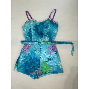 1060s Vintage DeWeese Design Floral Romper Blue Purple Straps Belted One Piece